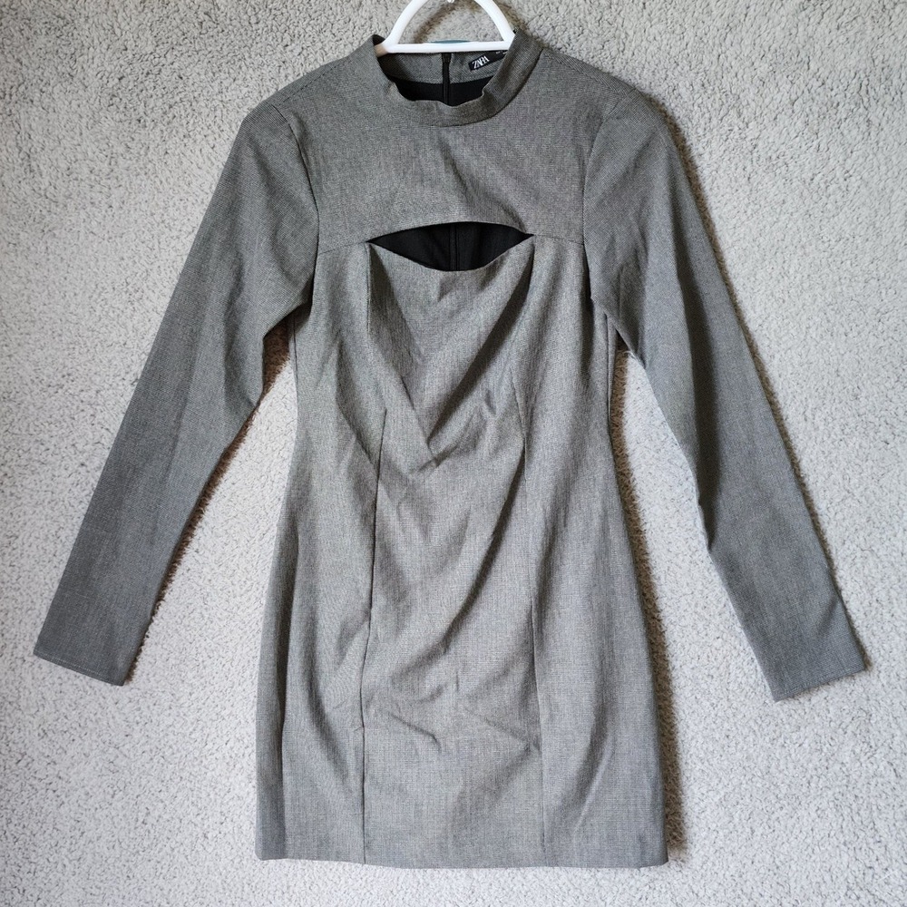 Zara Dress Women Small Grey Houndstooth Long Sleeve Cutout Mock Neck Mini‎